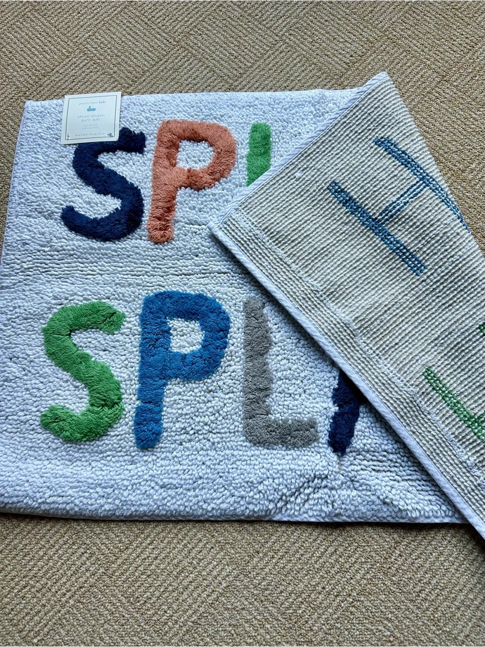 2 Pottery Barn Kids White Bath Mats with Multicolor 'SPLISH SPLASH' Lettering